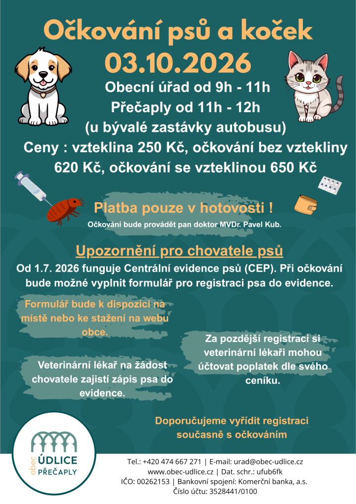 Očkování psů a koček 3.10.2026